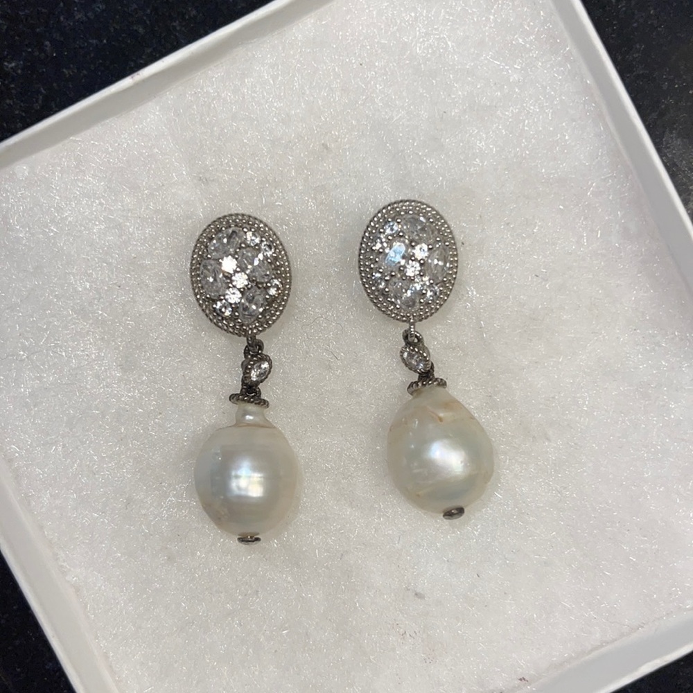 Judith Ripka White Pearl Drop Earrings with Crystal Pavé